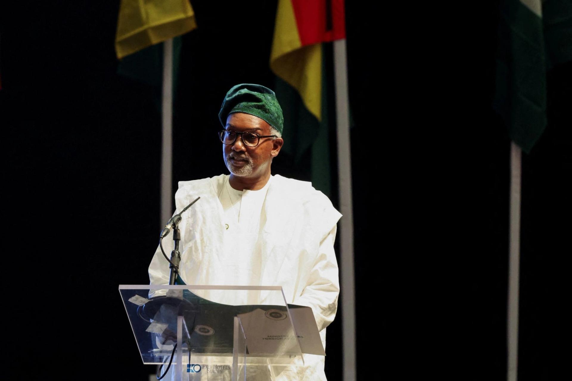 Nigeria’s Minister of Foreign Affairs Yusuf Tuggar delivers a speech in Lagos on May 28, 2025. 