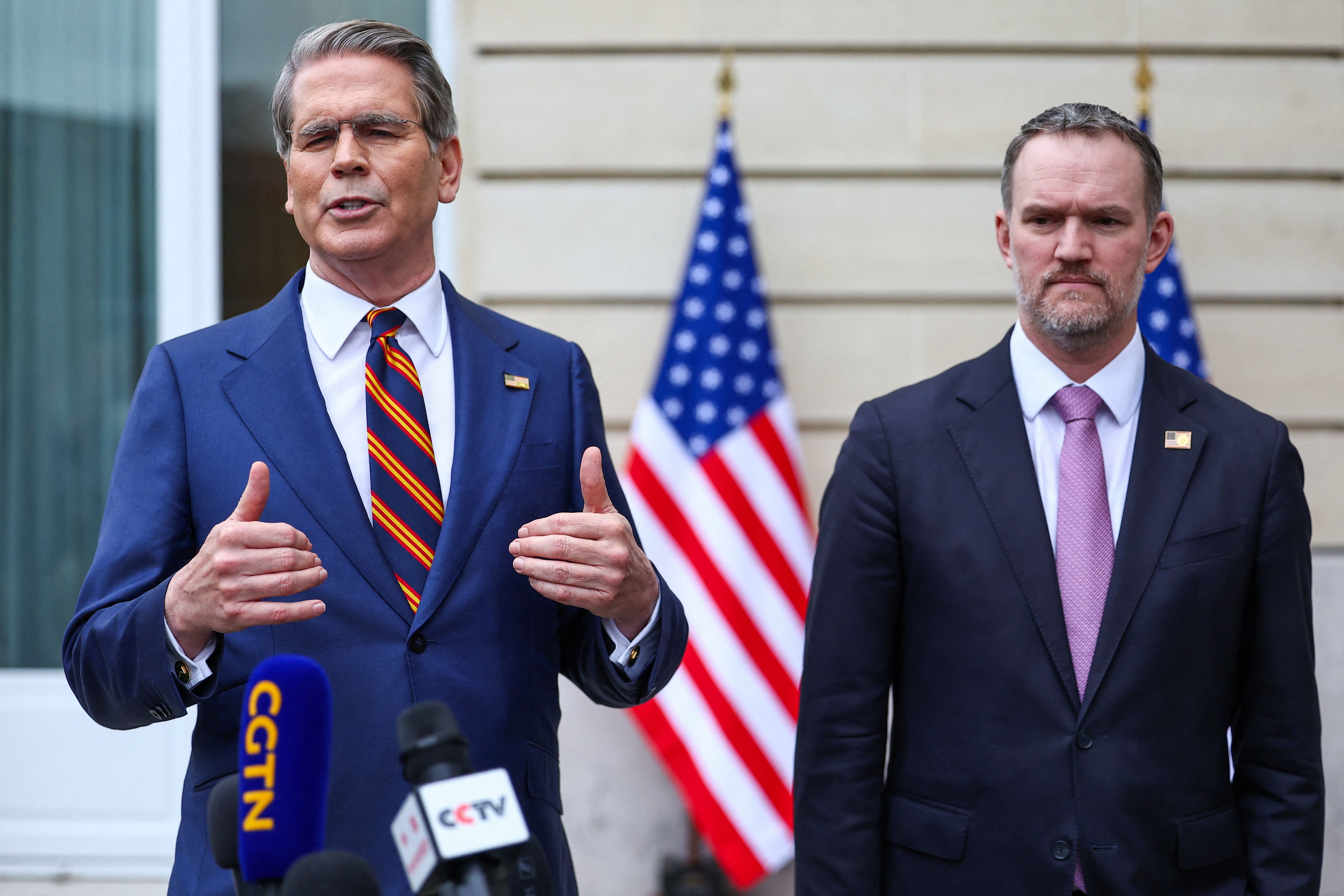 US Treasury Secretary Scott Bessent and Trade Representative Jamieson Greer speaks to the media after two days of meetings with a Chinese delegation, in Paris