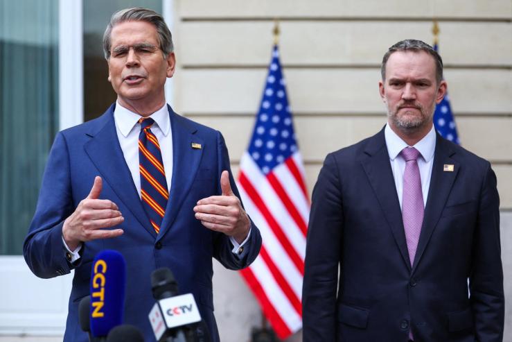 US Treasury Secretary Scott Bessent and Trade Representative Jamieson Greer speaks to the media after two days of meetings with a Chinese delegation, in Paris