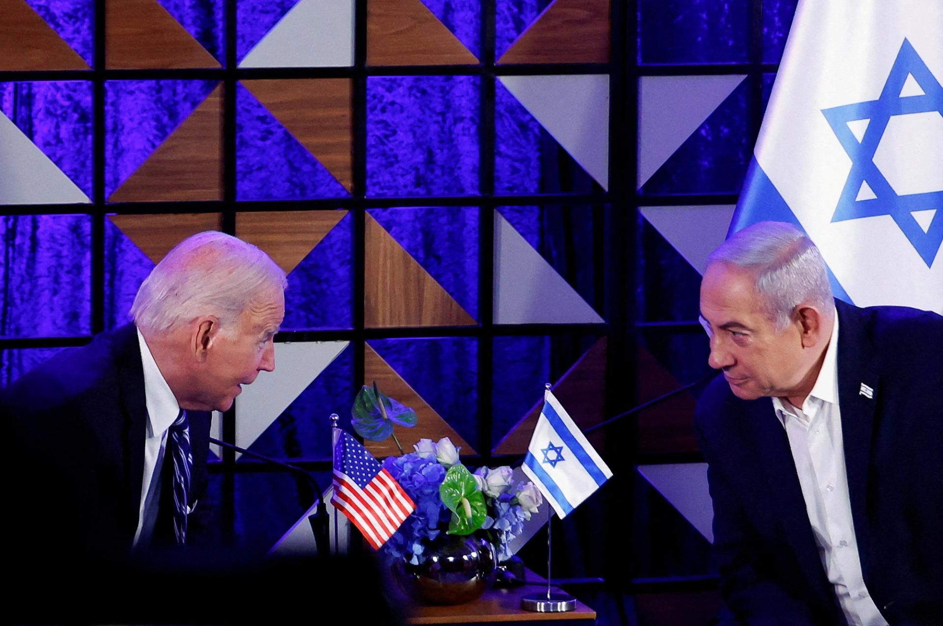 U.S. President Joe Biden attends a meeting with Israeli Prime Minister Benjamin Netanyahu, as he visits Israel amid the ongoing conflict between Israel and Hamas, in Tel Aviv, Israel, on Oct. 18, 2023. 