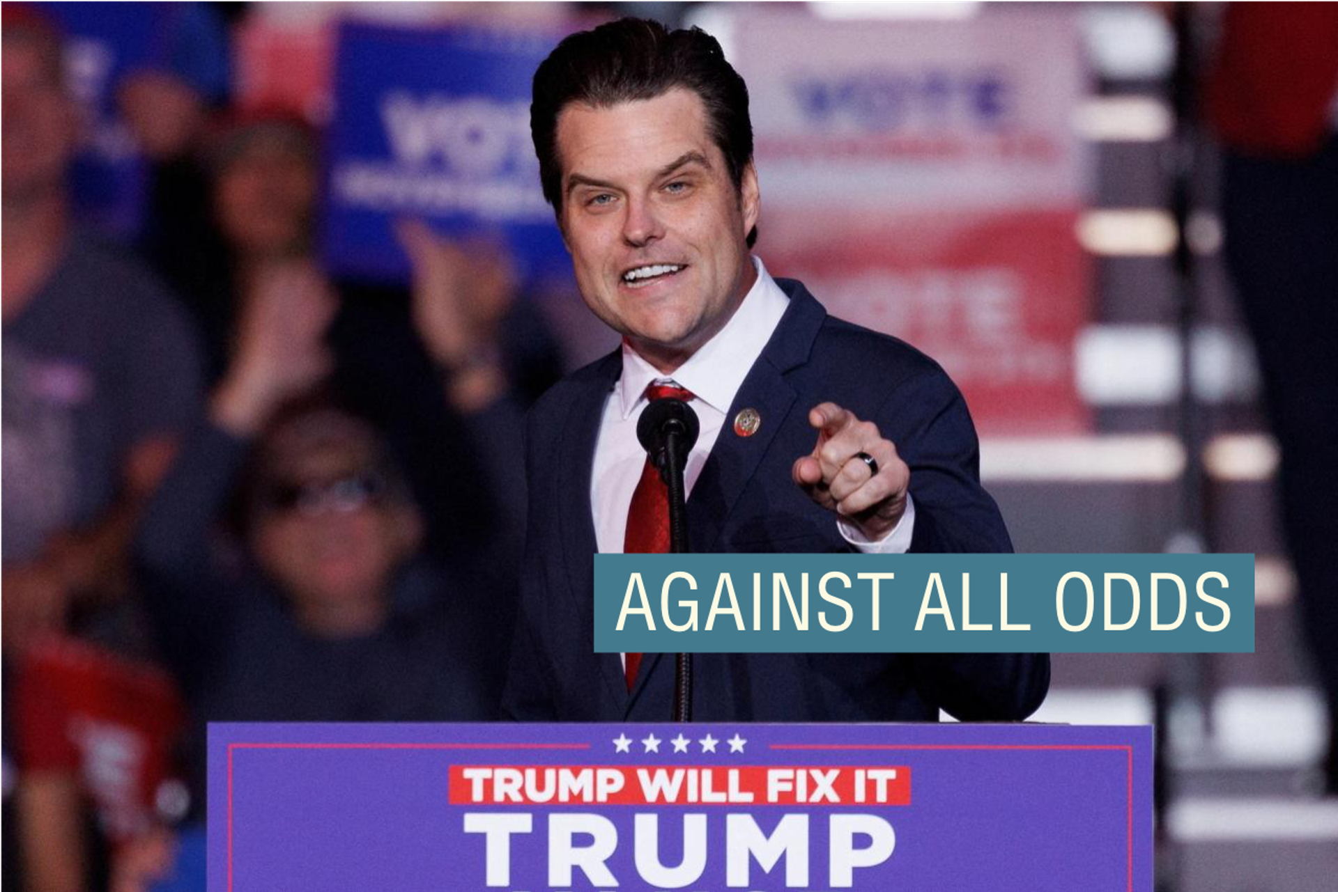 Matt Gaetz speaks at a campaign rally for Republican presidential nominee and former U.S. President Donald Trump.