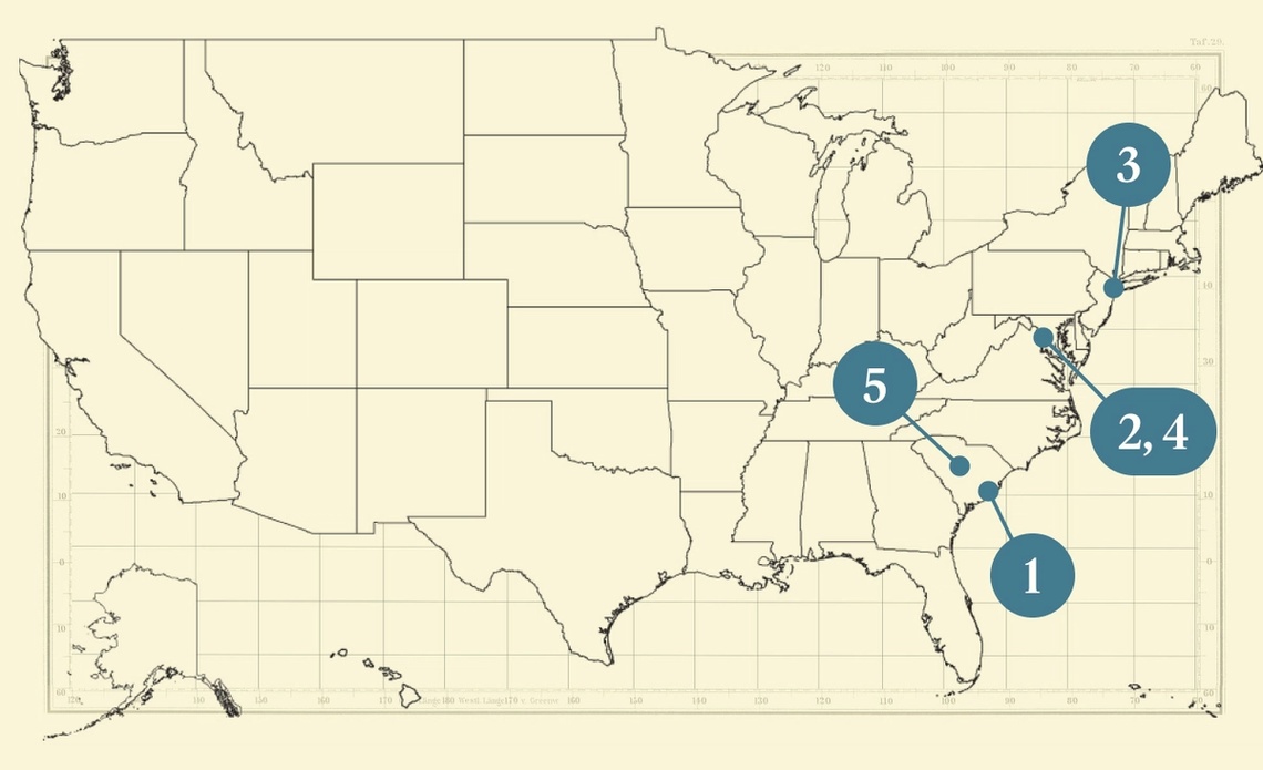 A numbered map of the US.