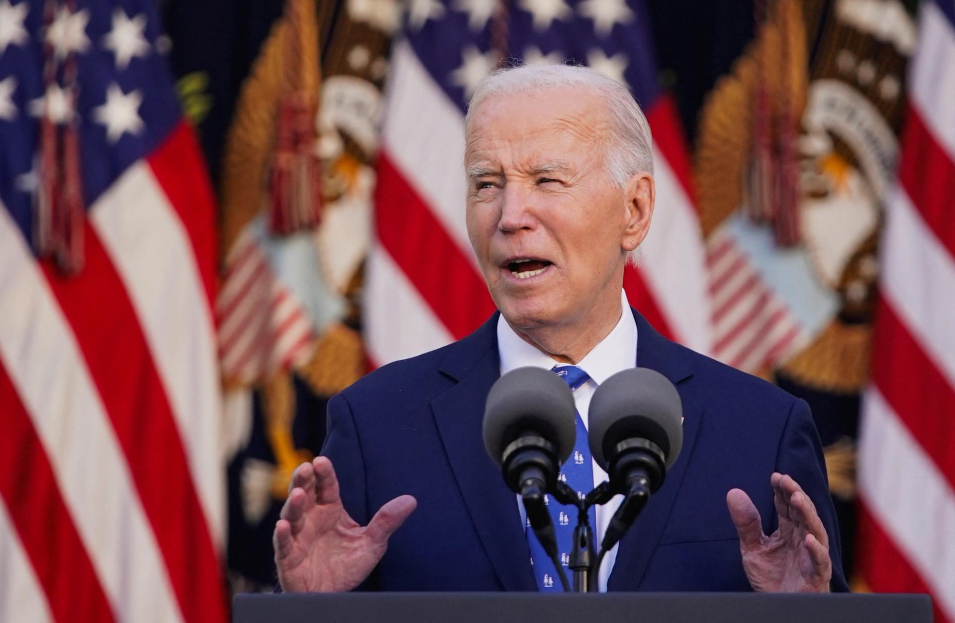 Joe Biden delivers remarks from the Rose Garden of the White House in Washington, DC