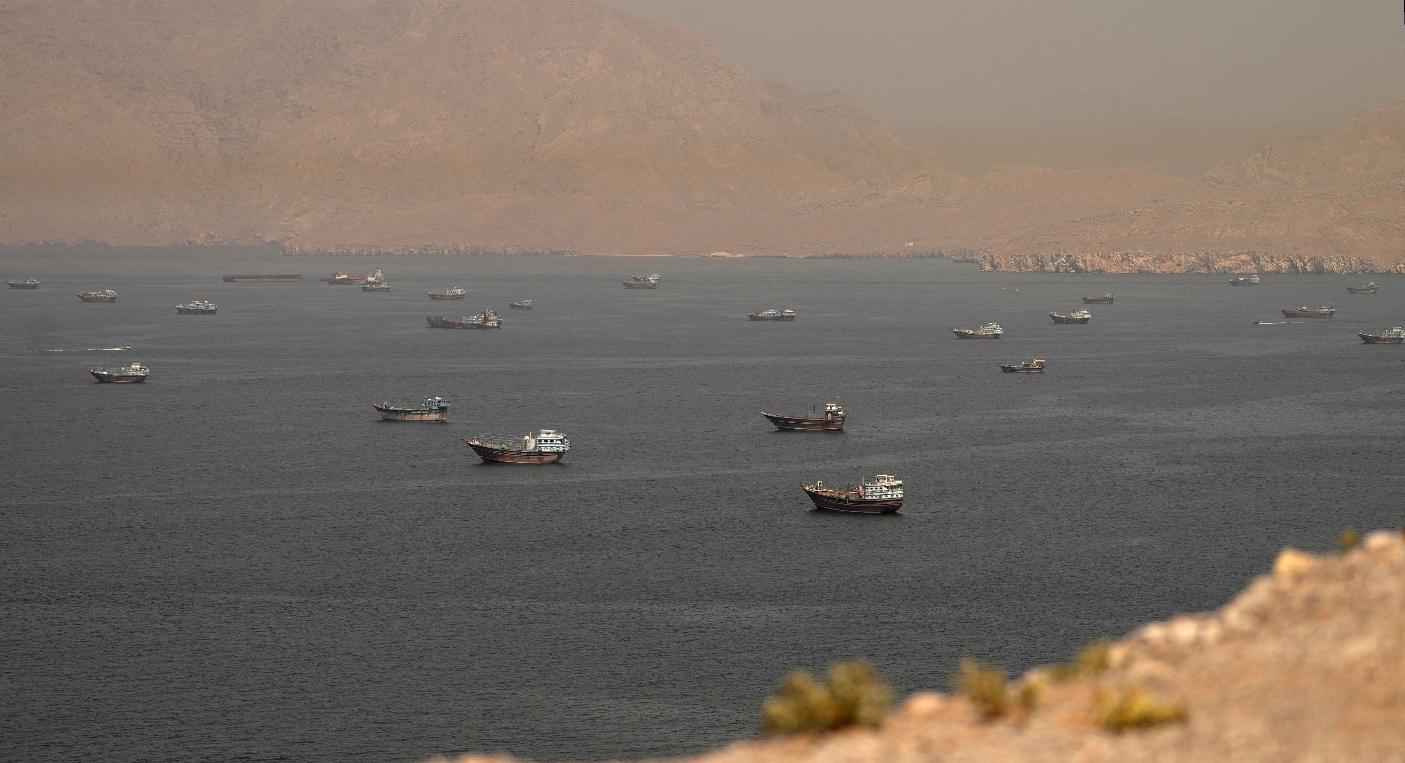 Vessels at the Strait of Hormuz, as seen from Musandam.