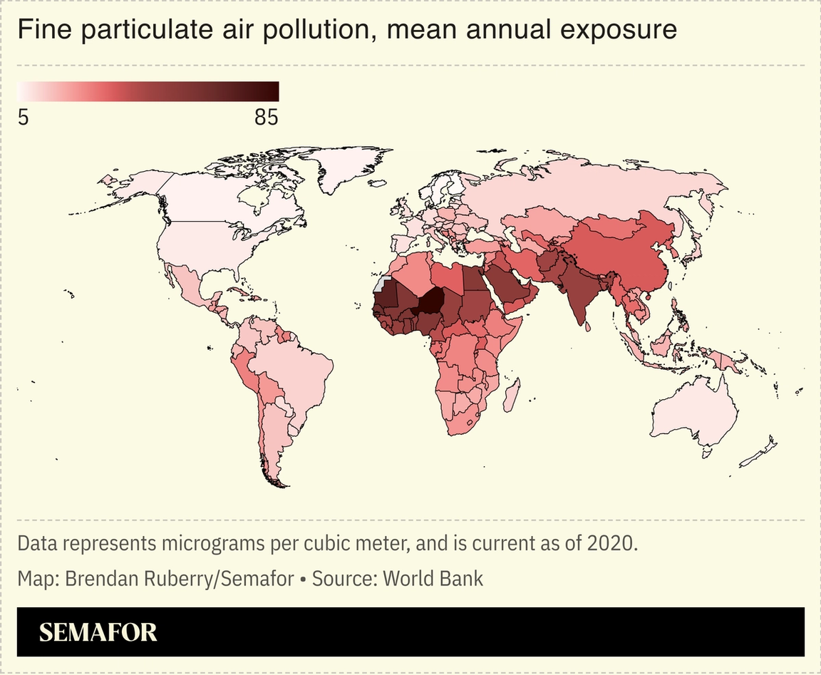 Map showing fine mean annual exposure to particulate air pollution globally