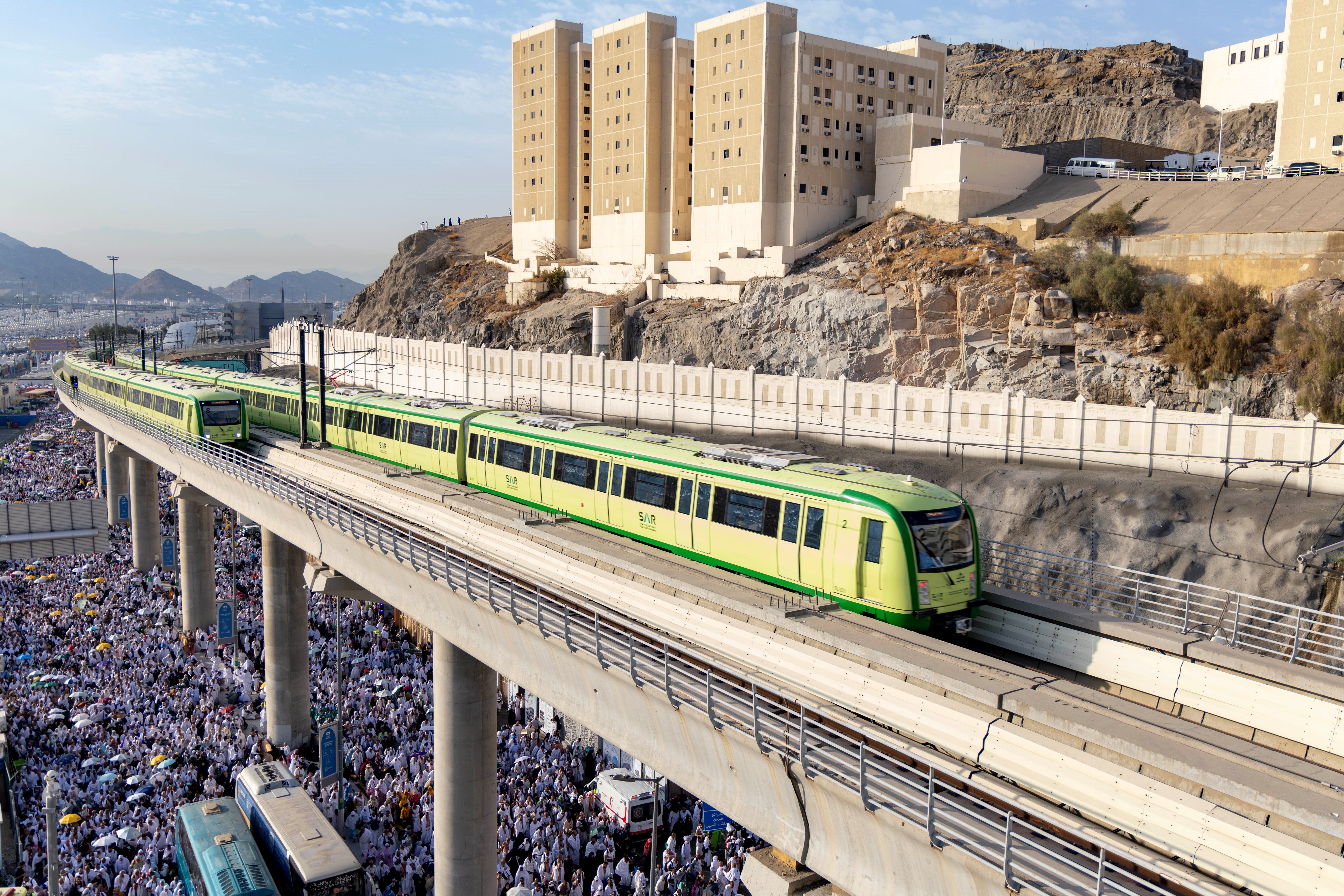 This photo taken on June 16, 2024 shows trains running on the Al Mashaaer Al Mugaddassah Metro Line in Mecca, Saudi Arabia. 