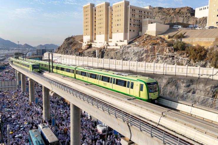 This photo taken on June 16, 2024 shows trains running on the Al Mashaaer Al Mugaddassah Metro Line in Mecca, Saudi Arabia.