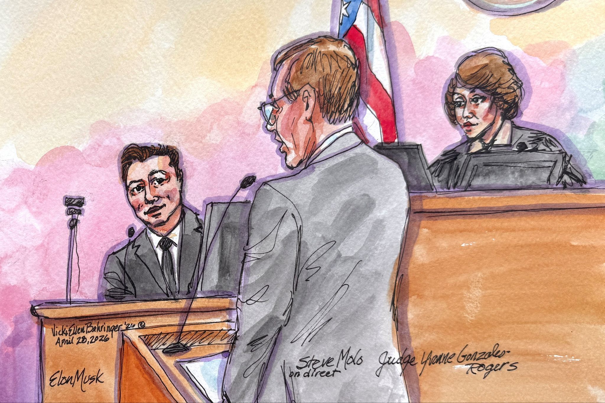 A drawing of Musk in court. 