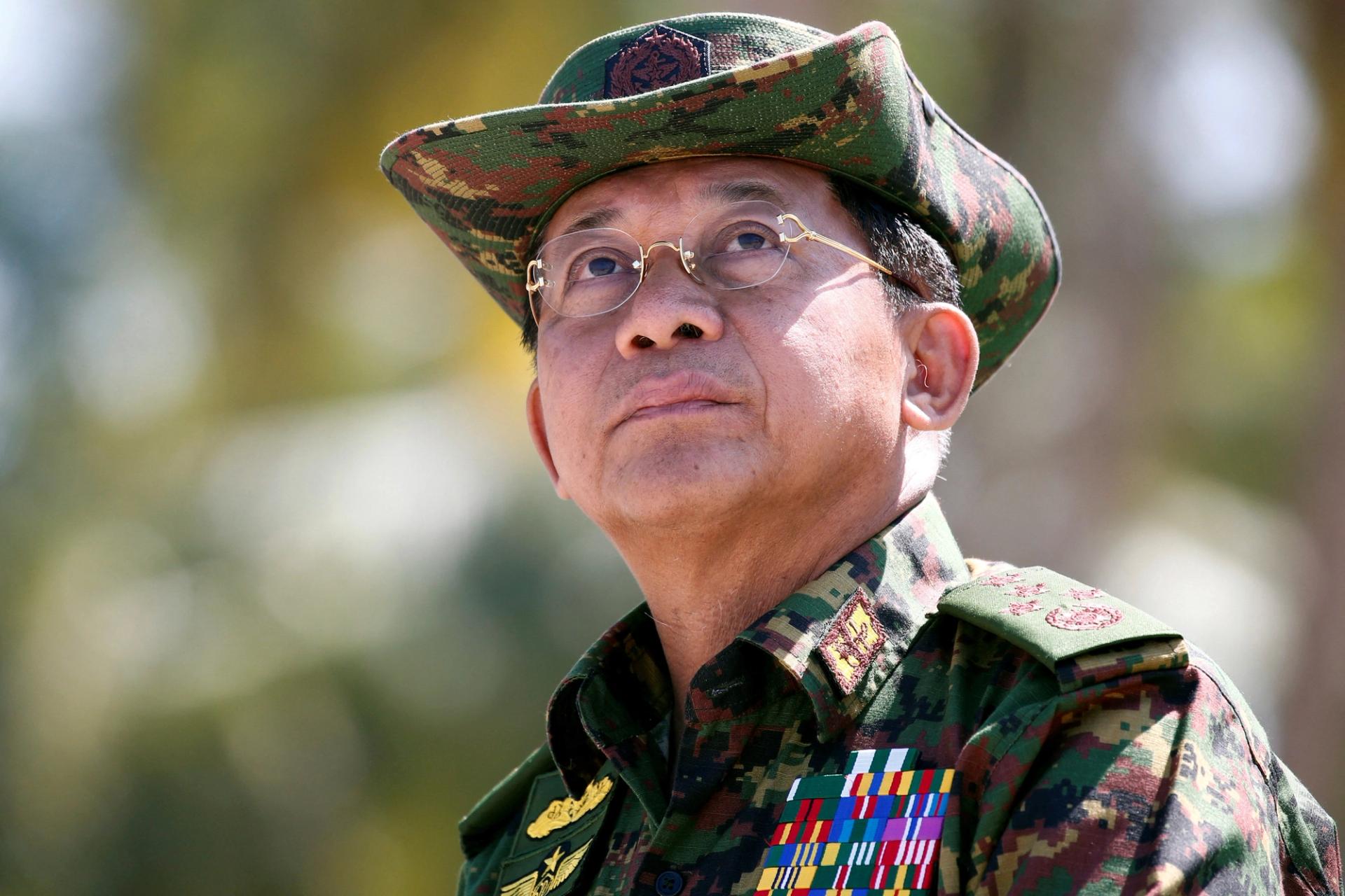 Myanmar military commander-in-chief, Senior General Min Aung Hlaing, attends a military exercise at Ayeyarwady delta region