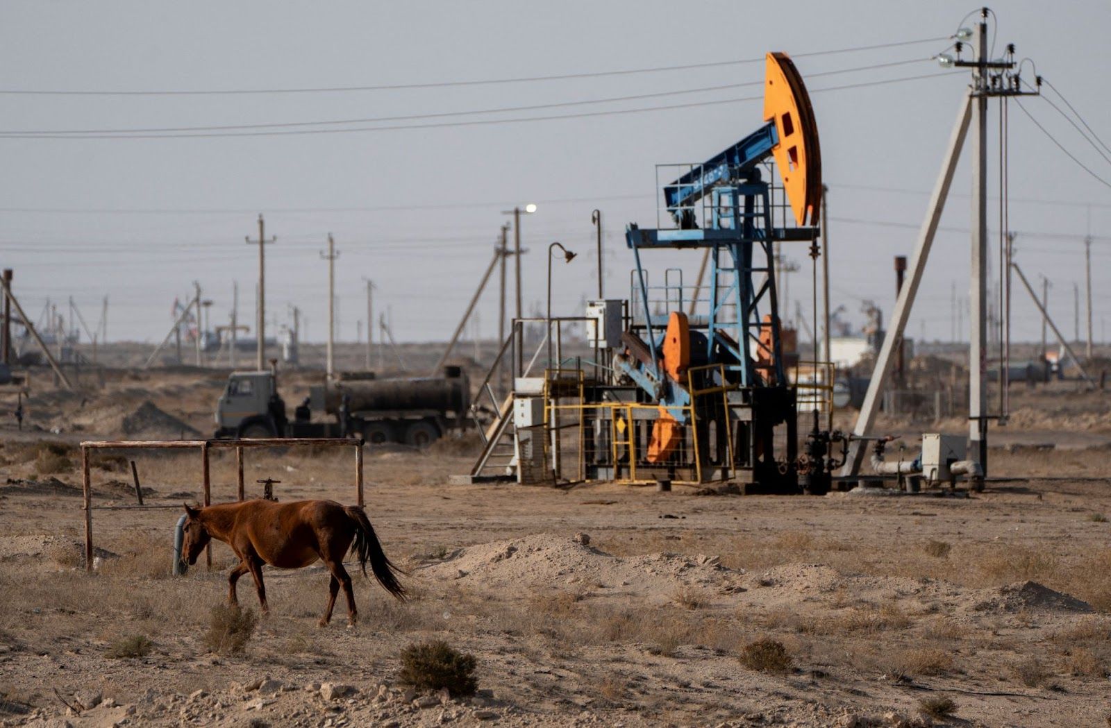 A horse grazes near an oil drilling rig of OzenMunayGaz company in Zhanaozen in the Mangystau region, Kazakhstan, November 14, 2023.