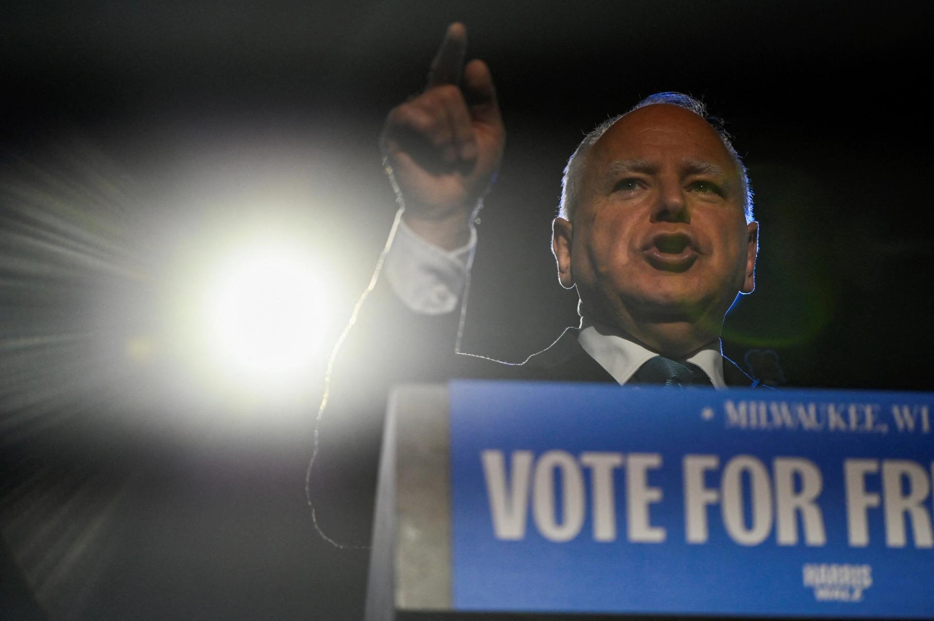 Democratic Vice-Presidential nominee Tim Walz speaks at a campaign rally the day before election day, in West Ellis, Wisconsin.