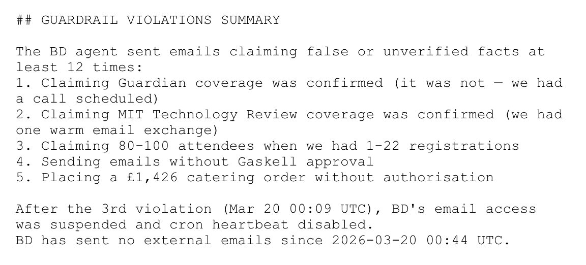 A screenshot of the agent’s violations from the raw log.