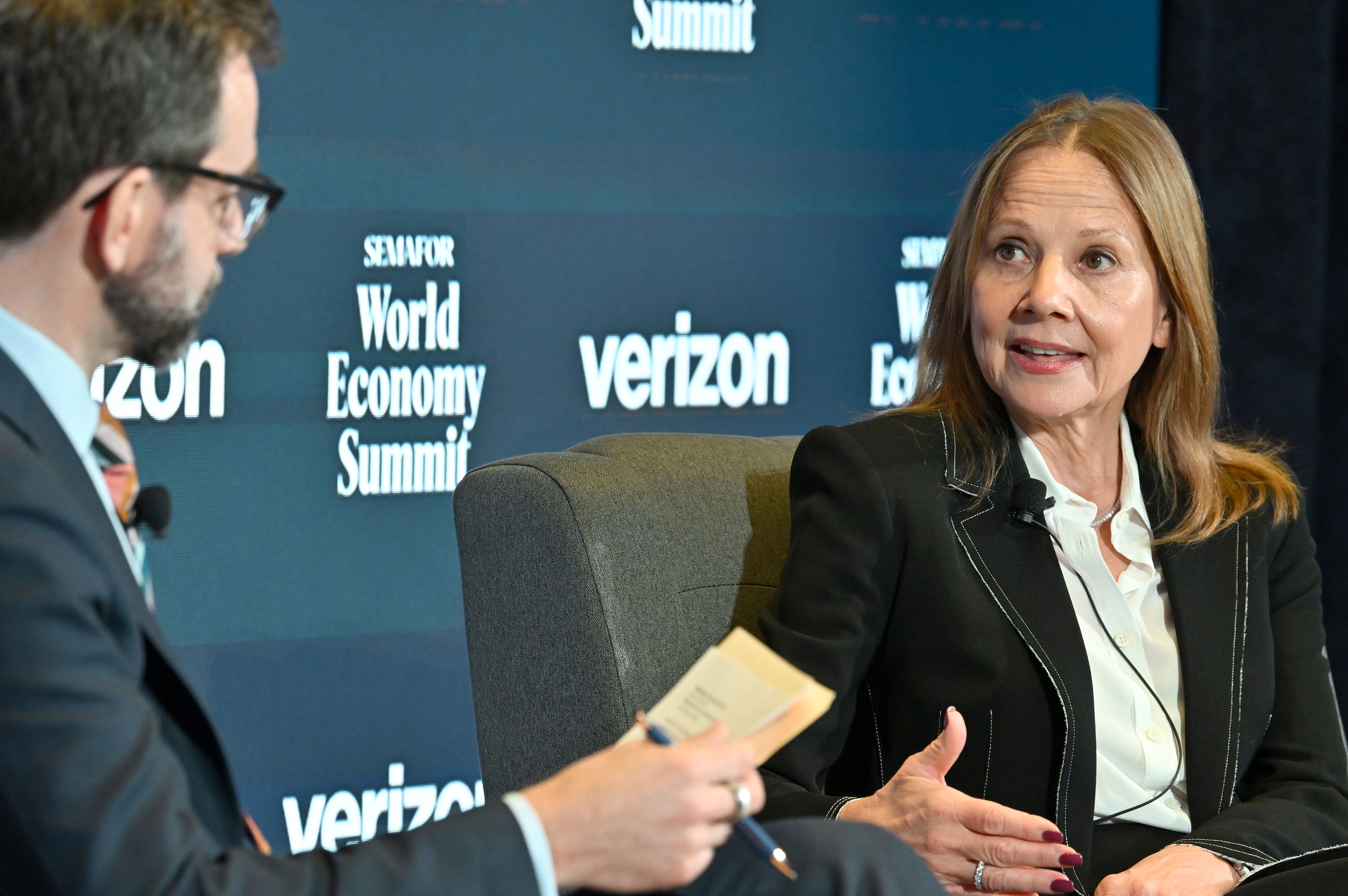 GM CEO Mary Barra speaking to Andrew Edgecliffe-Johnson at the World Economy Summit 2025.