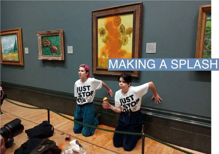 Activists of “Just Stop Oil” glue their hands to the wall after throwing soup at a van Gogh’s painting “Sunflowers” at the National Gallery in London, Britain October 14, 2022.