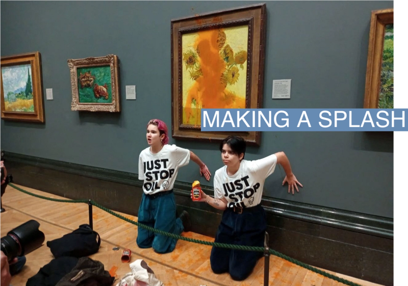 Activists of "Just Stop Oil" glue their hands to the wall after throwing soup at a van Gogh's painting "Sunflowers" at the National Gallery in London, Britain October 14, 2022. 