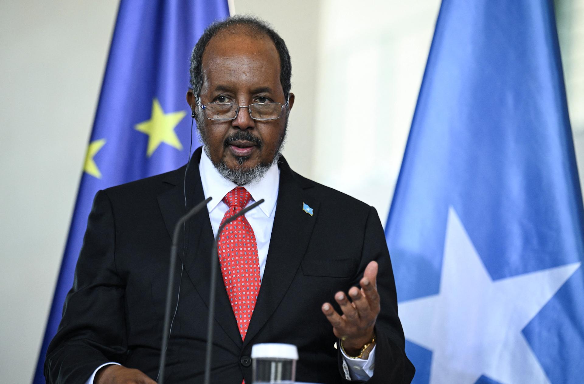 Somalia President Hassan Sheikh Mohamud addresses the media following his bilateral meeting with Germany’s chancellor in Berlin in Nov. 2024.