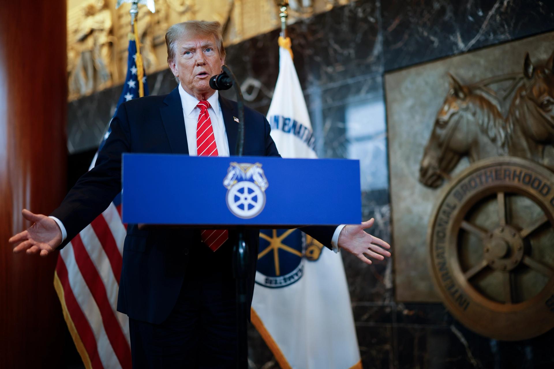 Republican presidential candidate and former U.S. President Donald Trump delivers remarks after meeting with leaders of the International Brotherhood of Teamsters at their headquarters on Jan. 31, 2024 ,in Washington, D.C. 