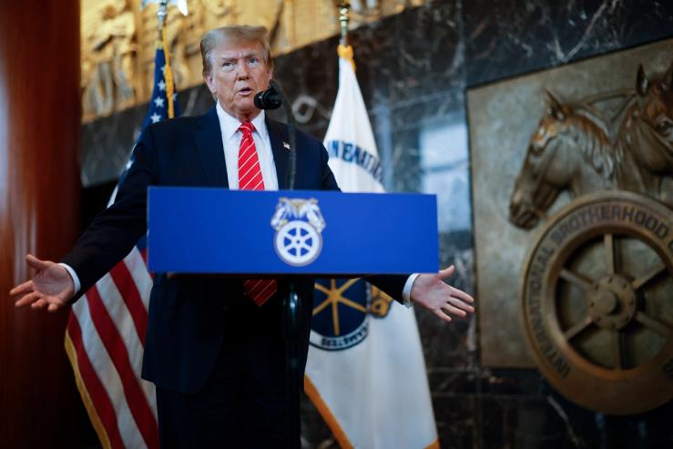 Republican presidential candidate and former U.S. President Donald Trump delivers remarks after meeting with leaders of the International Brotherhood of Teamsters at their headquarters on Jan. 31, 2024 ,in Washington, D.C.