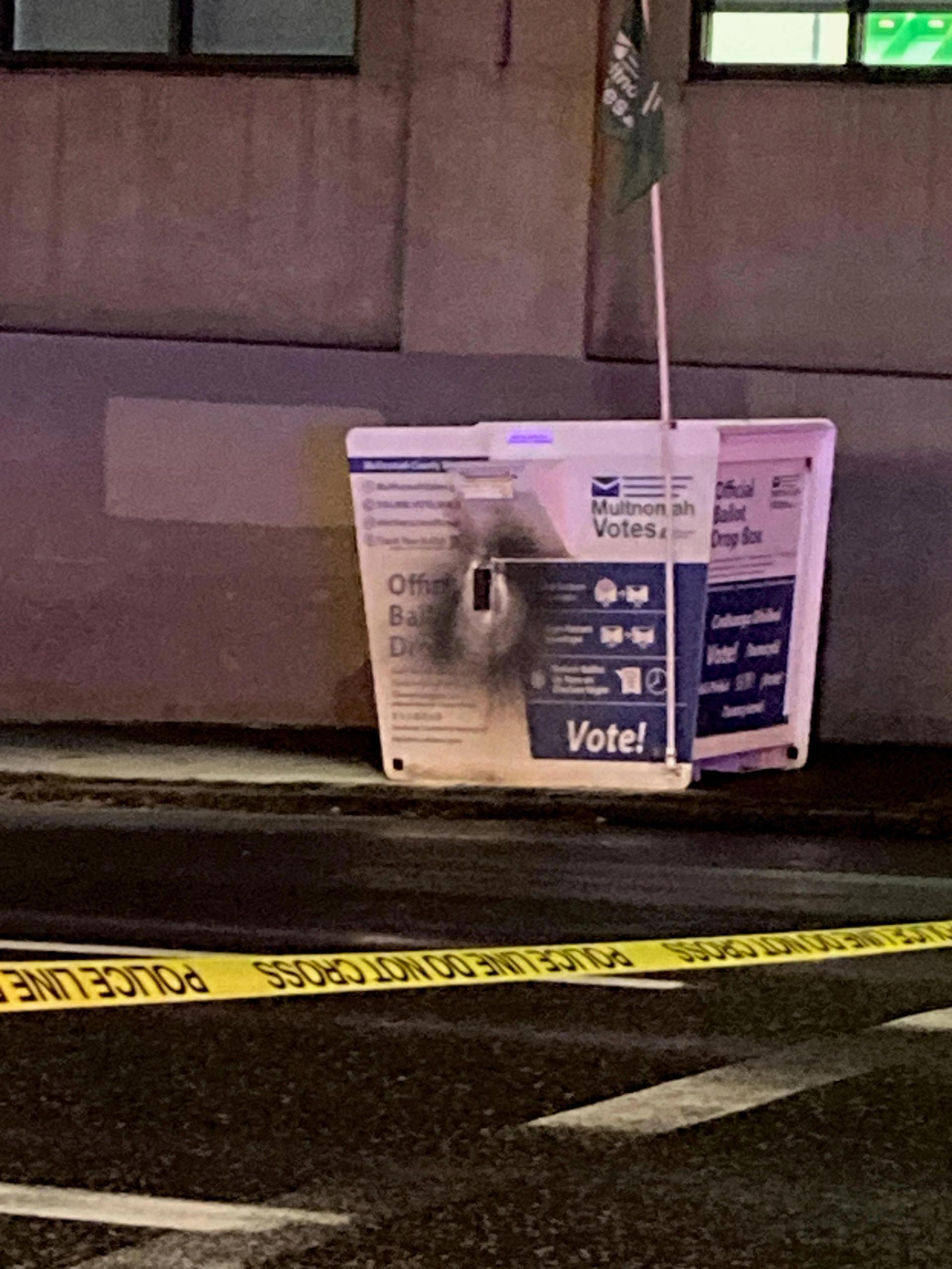 A Portland ballot box after it was set on fire.