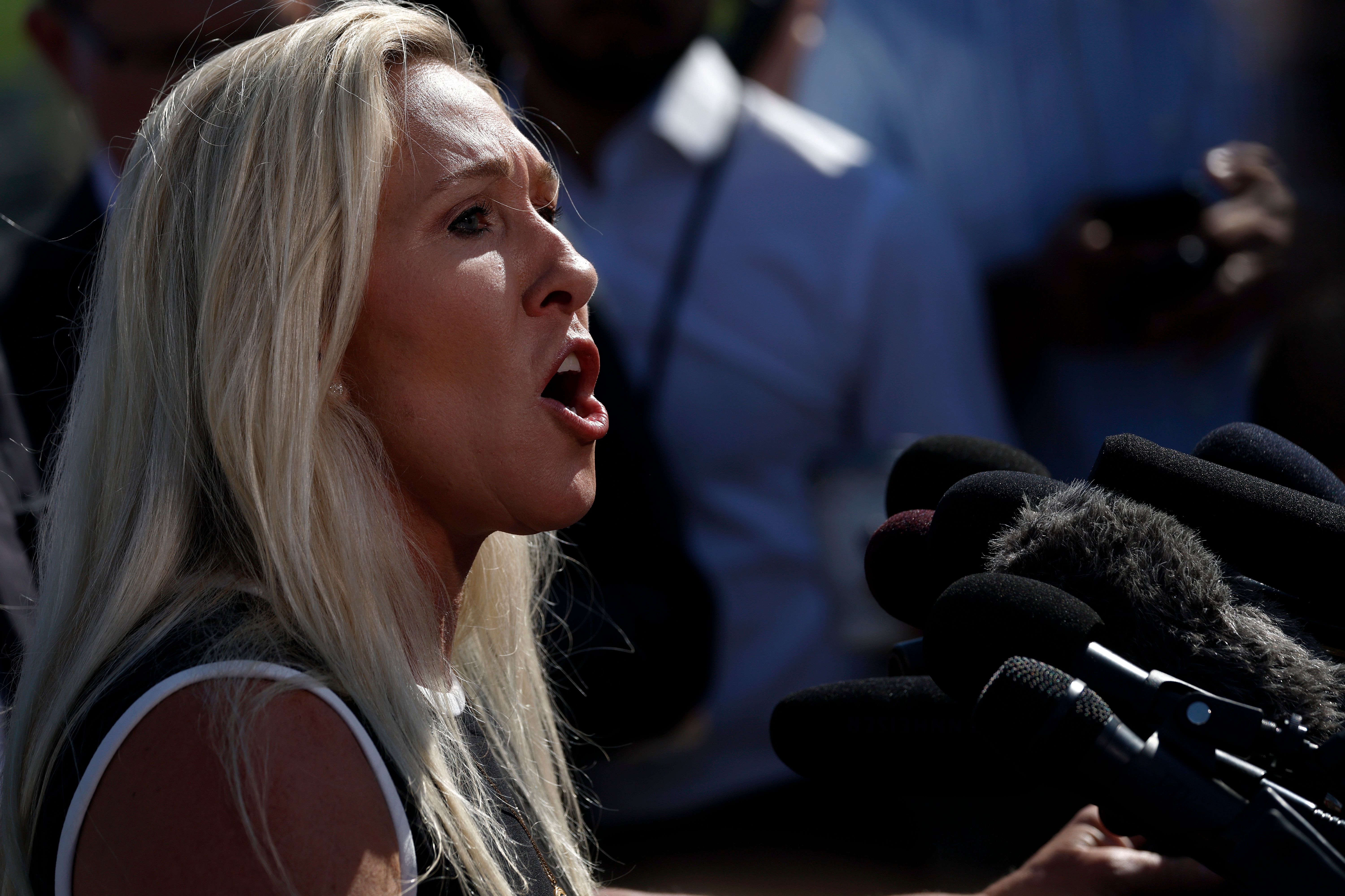 WASHINGTON, DC - MAY 01: Rep. Marjorie Taylor Greene (R-GA) speaks at a news conference alongside Rep. Thomas Massie (R-KY) at the U.S. Capitol Building on May 01, 2024 in Washington, DC. During the news conference Greene announced she would move forward with her motion to vacate U.S. Speaker Mike Johnson (R-LA). 