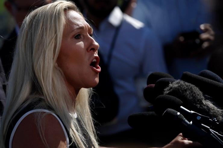 WASHINGTON, DC - MAY 01: Rep. Marjorie Taylor Greene (R-GA) speaks at a news conference alongside Rep. Thomas Massie (R-KY) at the U.S. Capitol Building on May 01, 2024 in Washington, DC. During the news conference Greene announced she would move forward with her motion to vacate U.S. Speaker Mike Johnson (R-LA).