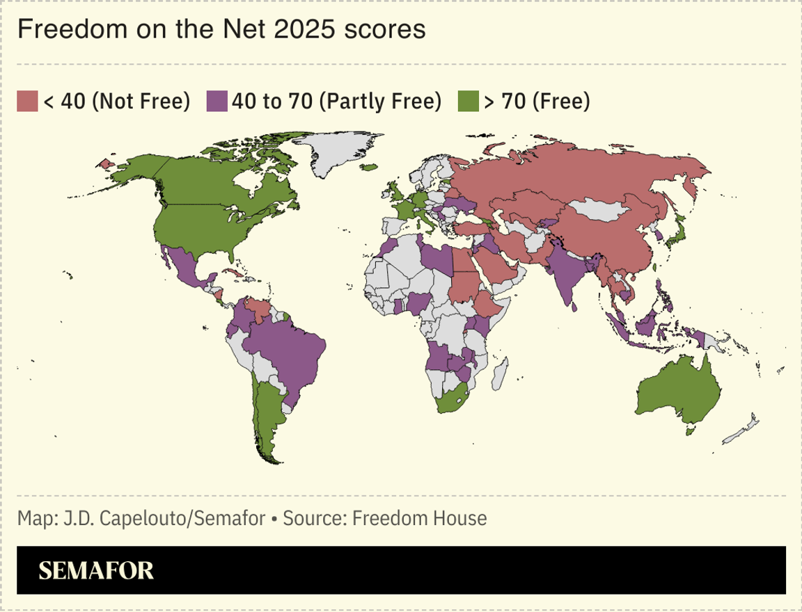 Map showing most and least free countries online
