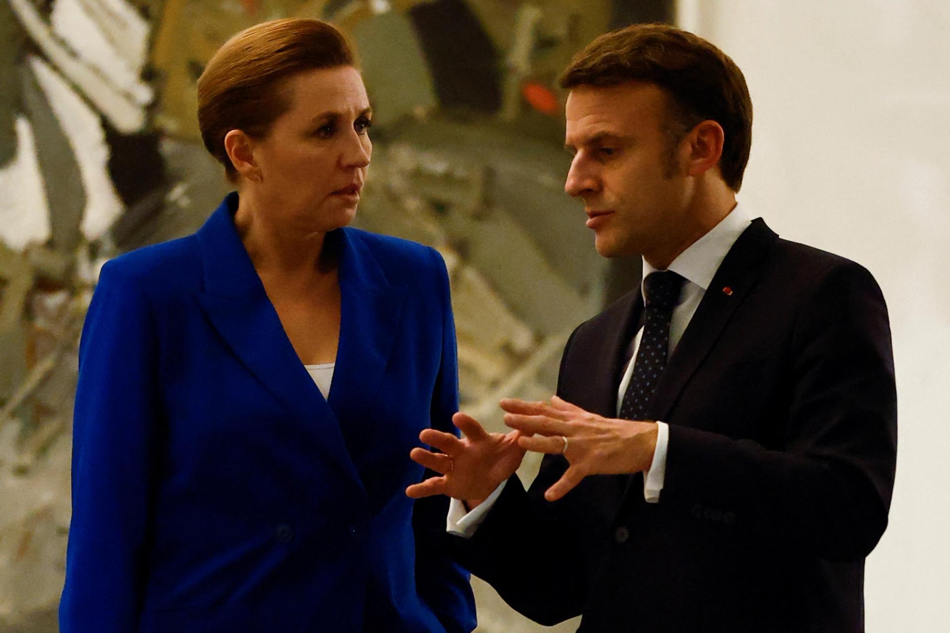 French President Emmanuel Macron speaks with Denmark’s Prime Minister Mette Frederiksen at a meeting on European security in Paris.