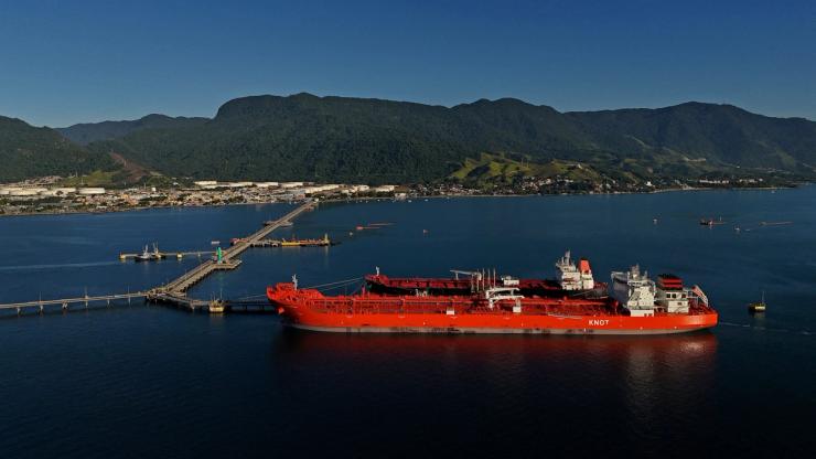 A drone view shows oil tankers at Petrobras distribution terminal in Sao Sebastiao.