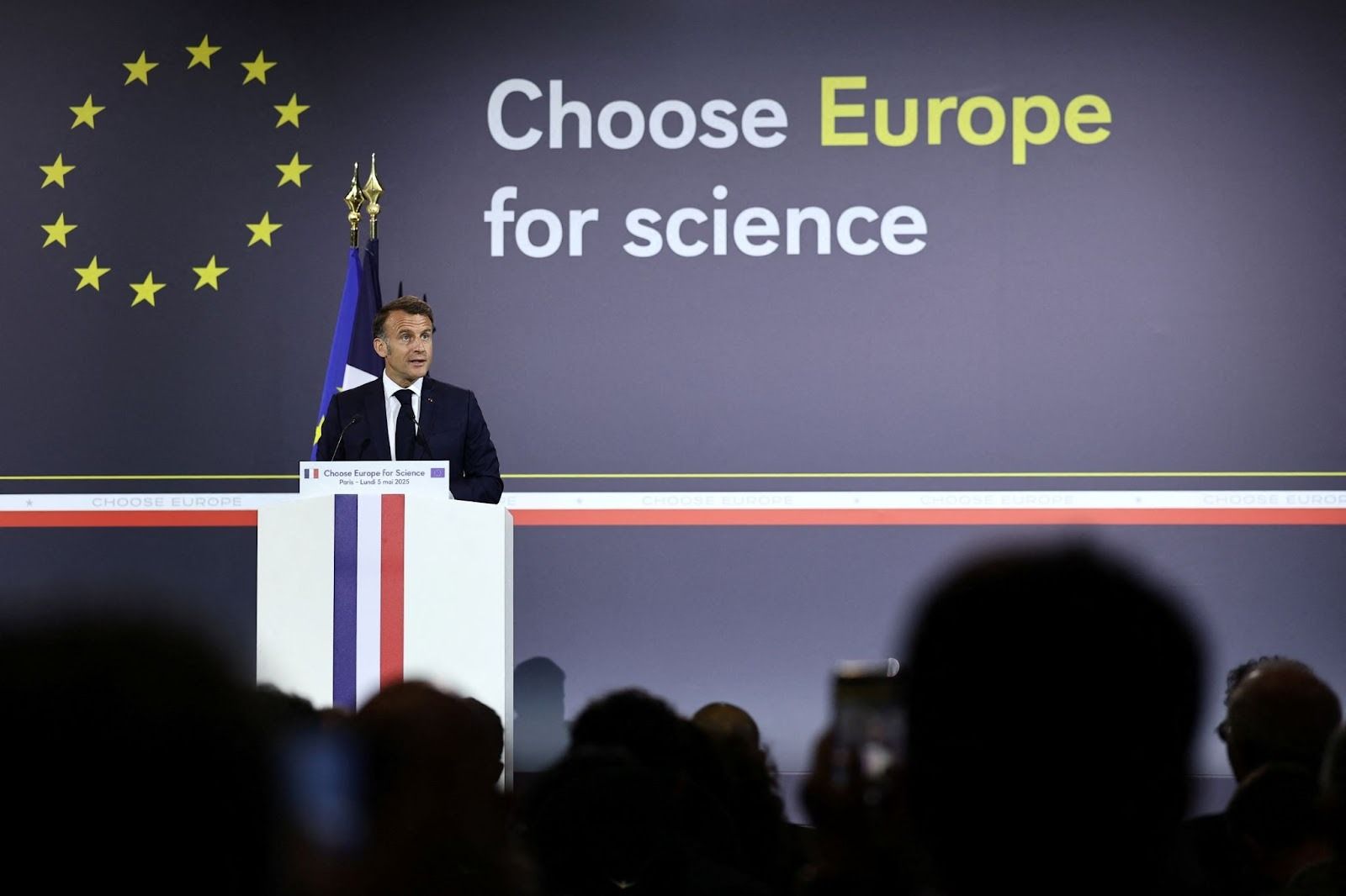 French President Emmanuel Macron at a “Choose Europe for science” event. 