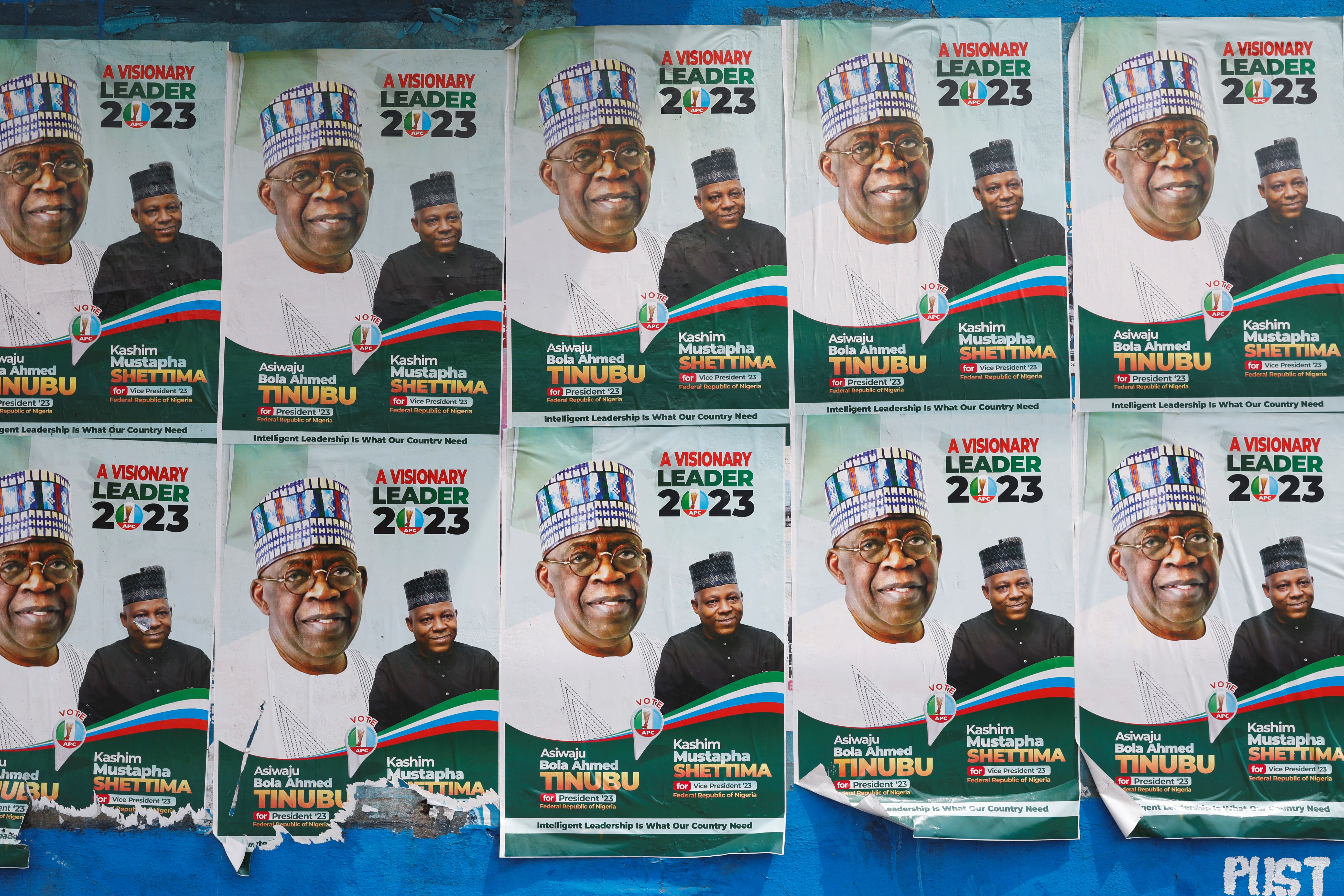 Electoral campaign posters of Nigerian President Bola Tinubu in 2023. 