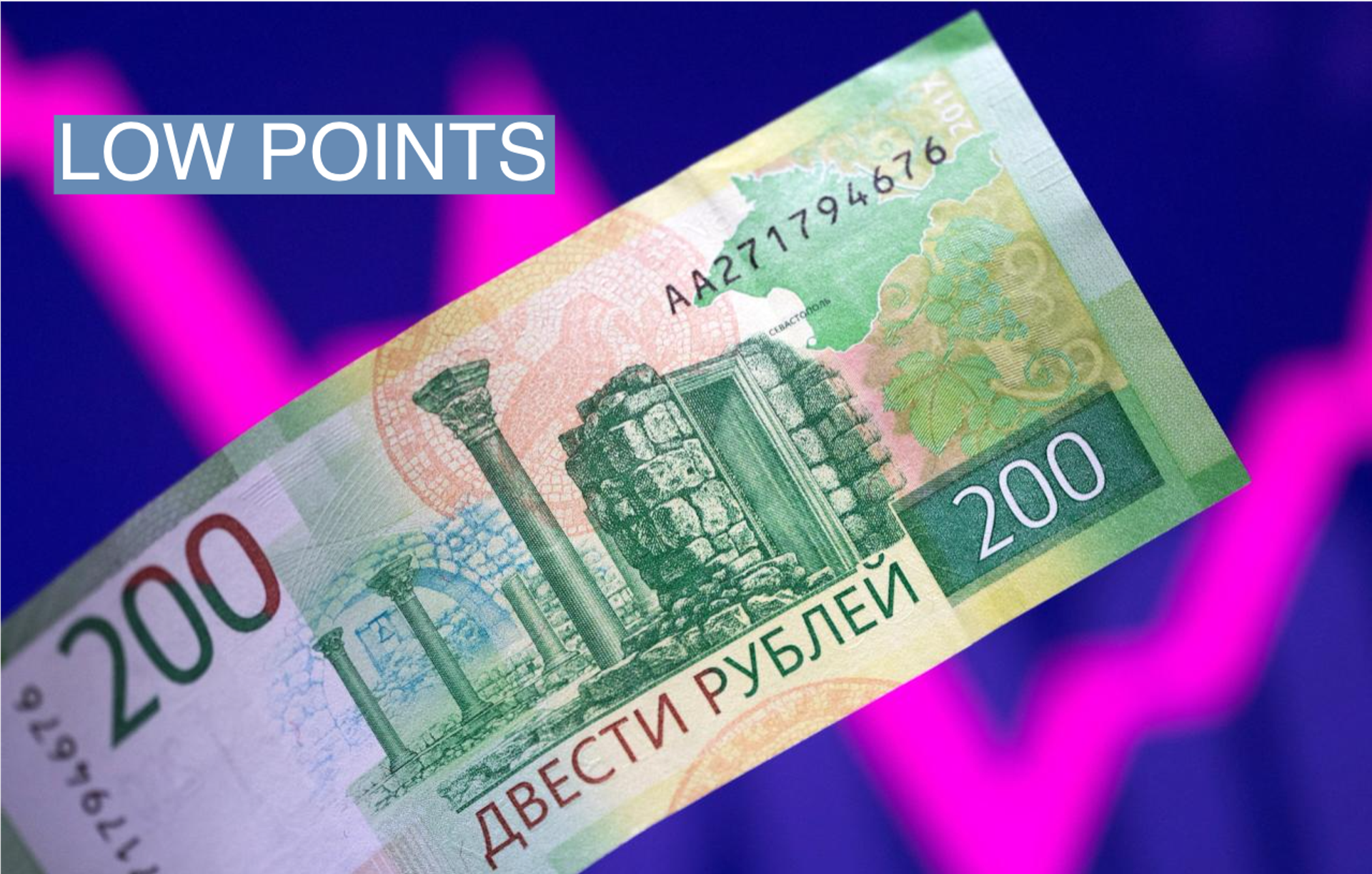 A Russian ruble banknote is seen in front of a descending and rising stock graph in this illustration taken March 1, 2022. REUTERS/Dado Ruvic/Illustration/File Photo