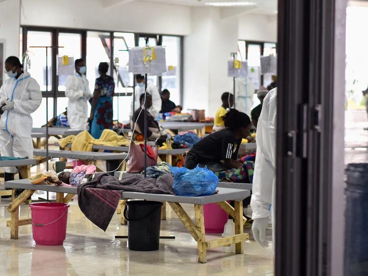 People receive treatment at an emergency cholera facility in Zambia.
