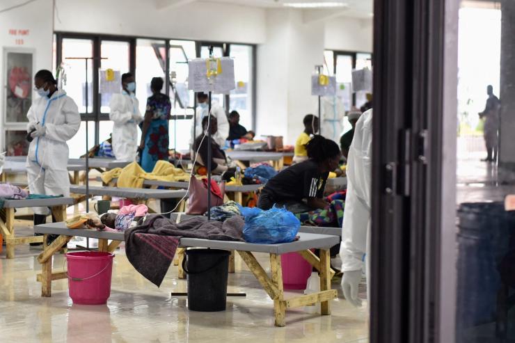 People receive treatment at an emergency cholera facility in Zambia.