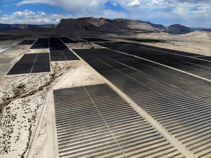 Construction work on solar power arrays continues at rPlus Energies’ Green River Energy Center in Emery, Utah.