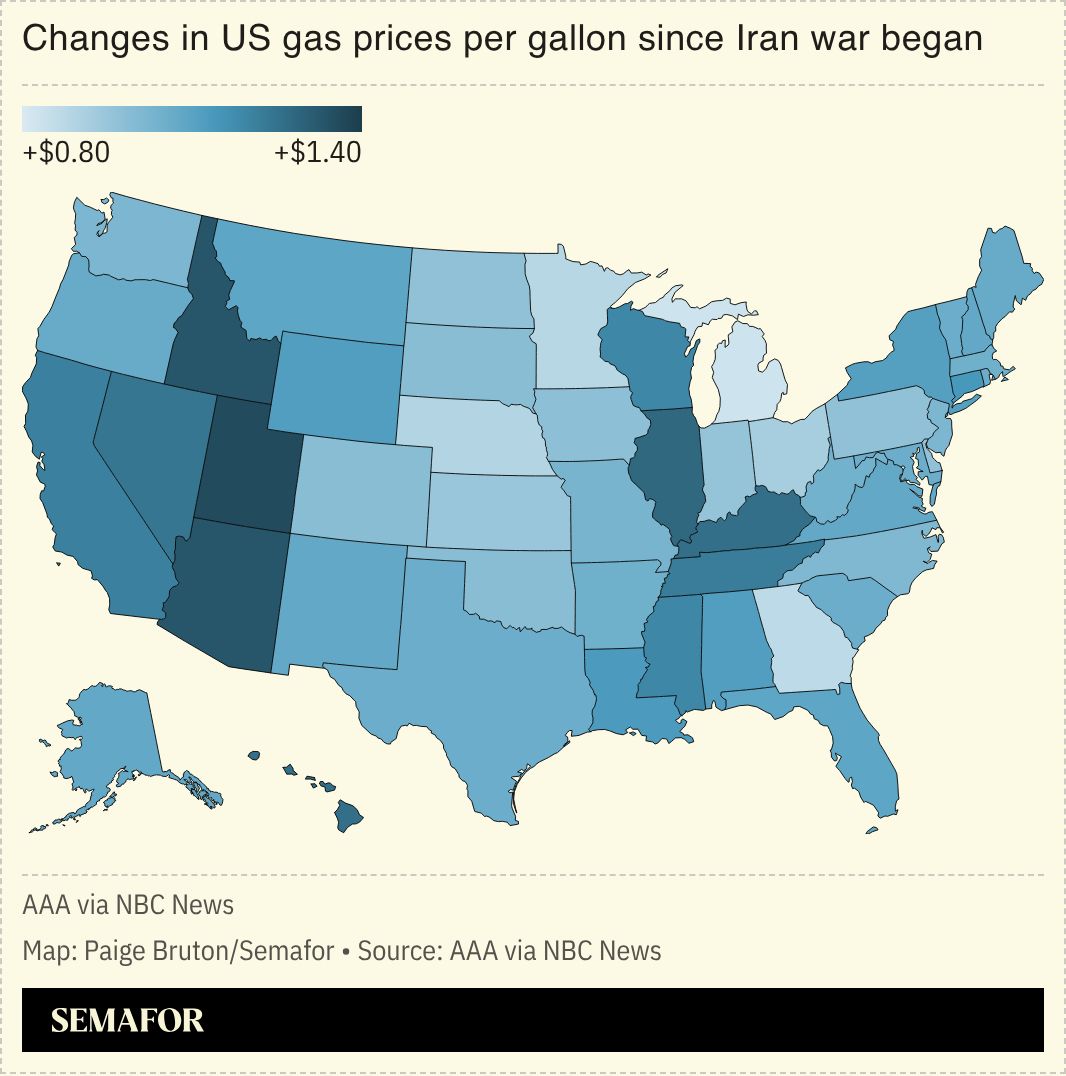 A chart showing the change in prices per gallon since the Iran war began.