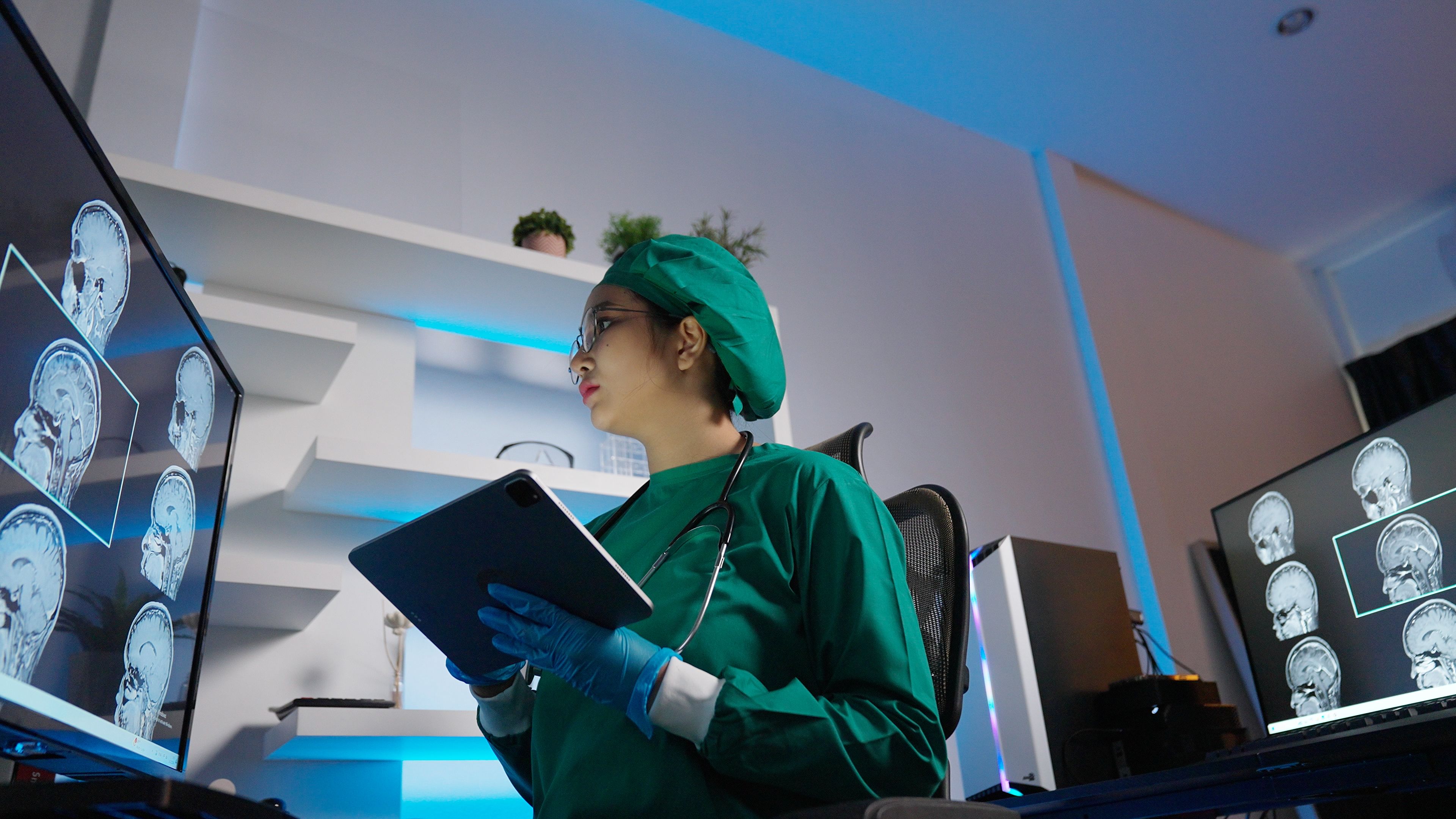 Woman looking at brain scan images
