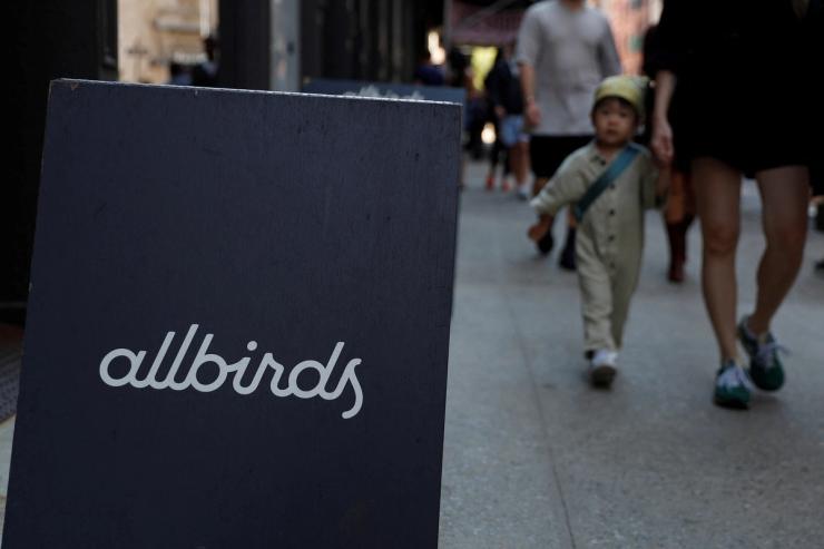 A sign on the entrance to the Allbirds flagship store is seen in Manhattan