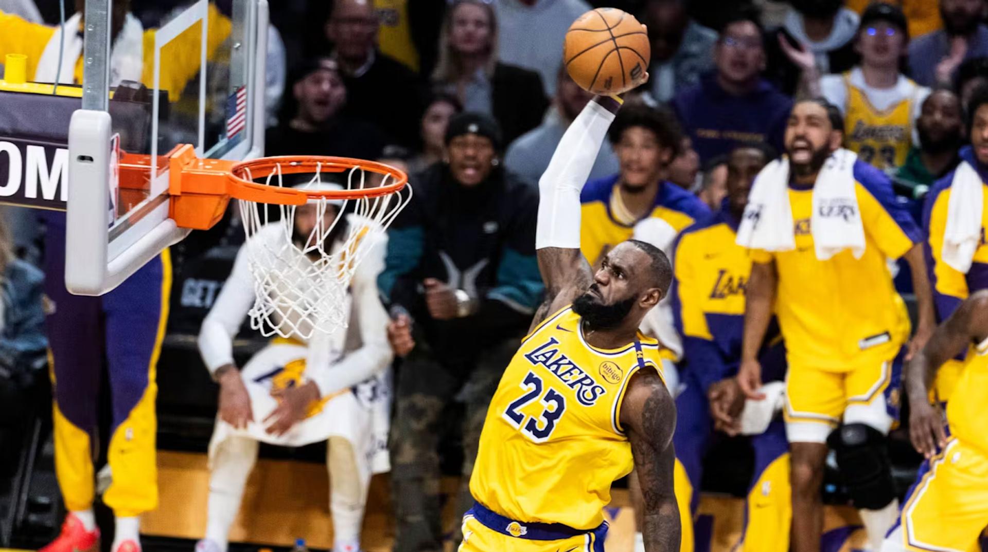LeBron James dunking. 