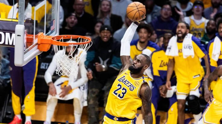 LeBron James dunking.