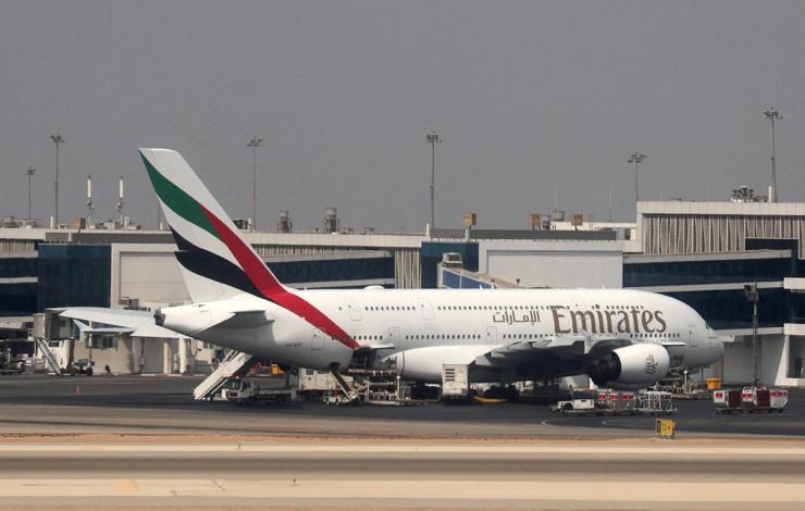 An Emirates Airlines Airbus A380 is parked at Cairo International Airport, Egypt.