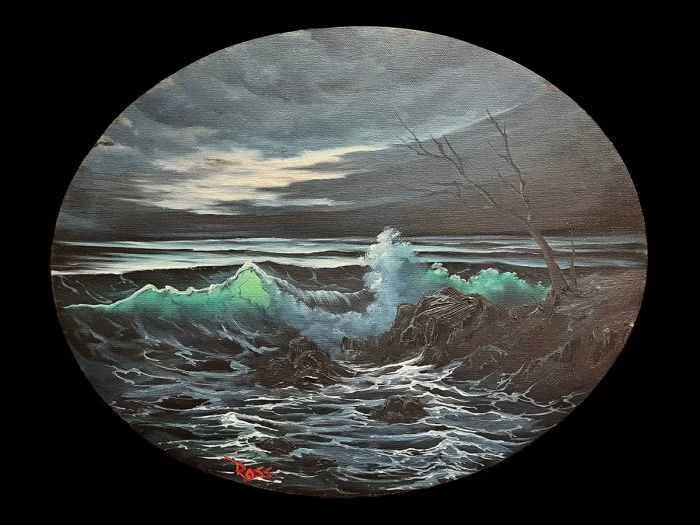 Bob Ross, “Untitled (Blue Night Seascape with Rock).”
