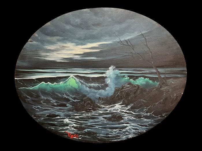 Bob Ross, “Untitled (Blue Night Seascape with Rock).”