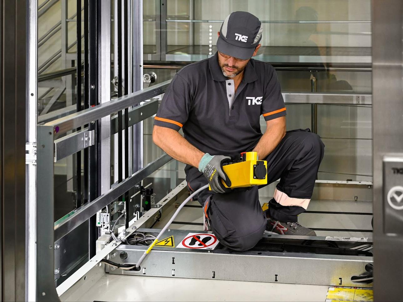 Technician cabin roof inspection, courtesy of TK Elevator.