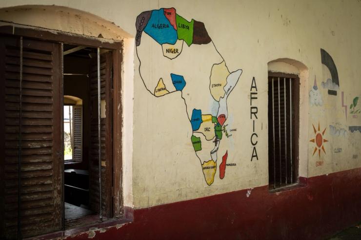 A painted map of Africa on the wall of a school in Zanzibar.