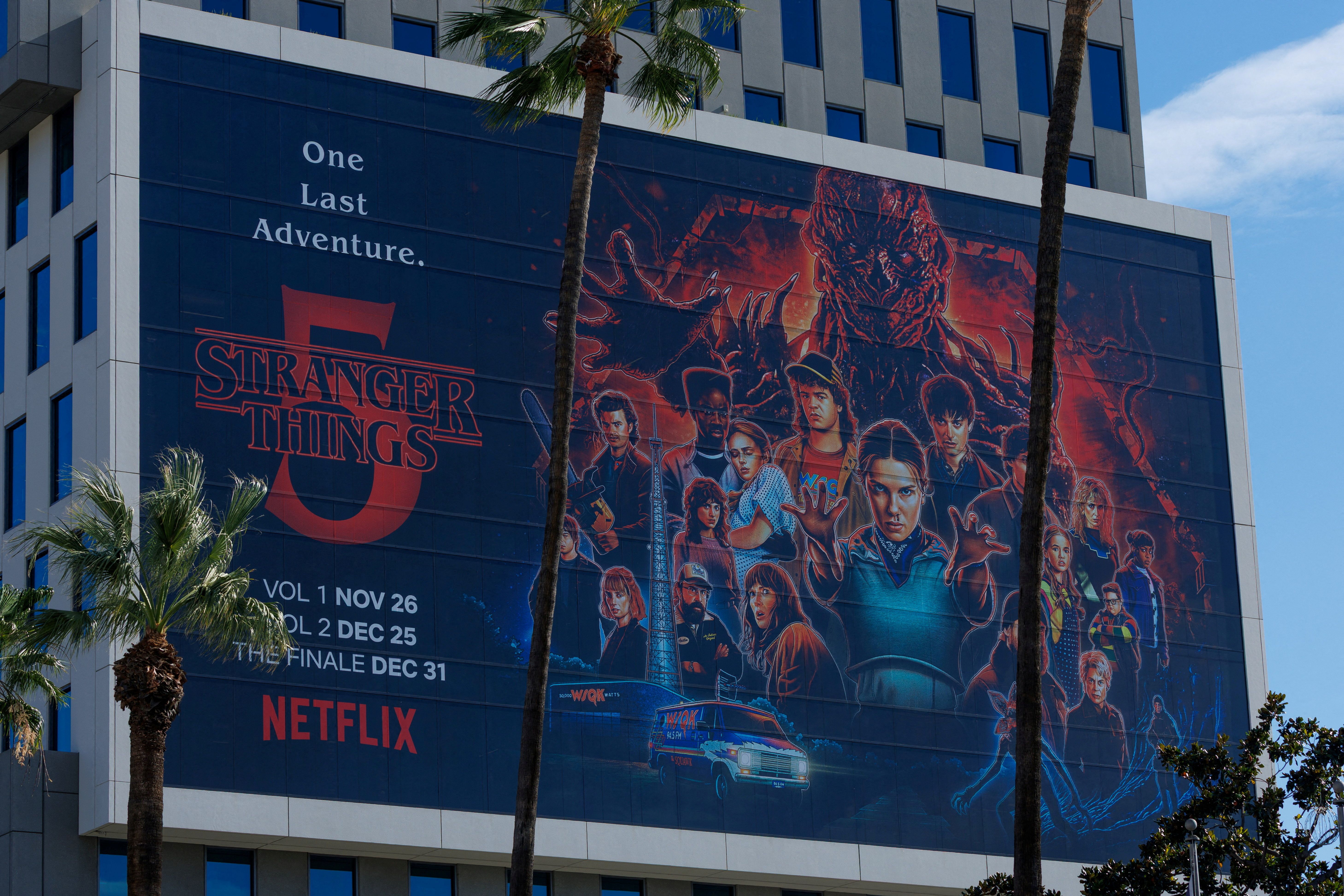 The Netflix logo and an advertisement for Stranger Things are shown on one of their buildings in the Hollywood neighborhood of Los Angeles, California.