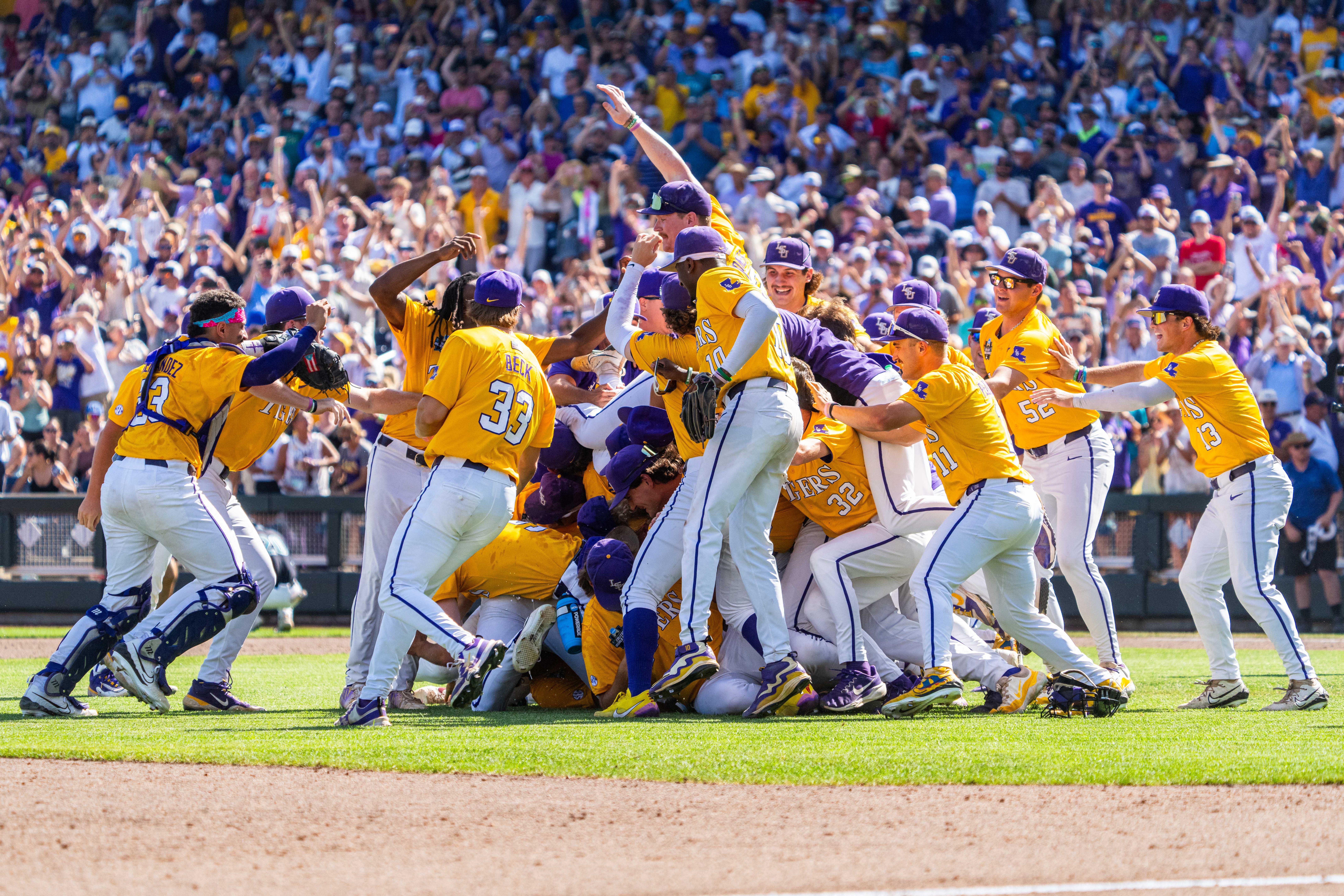 The LSU Tigers celebrate after defeating the Coastal Carolina Chanticleers.
