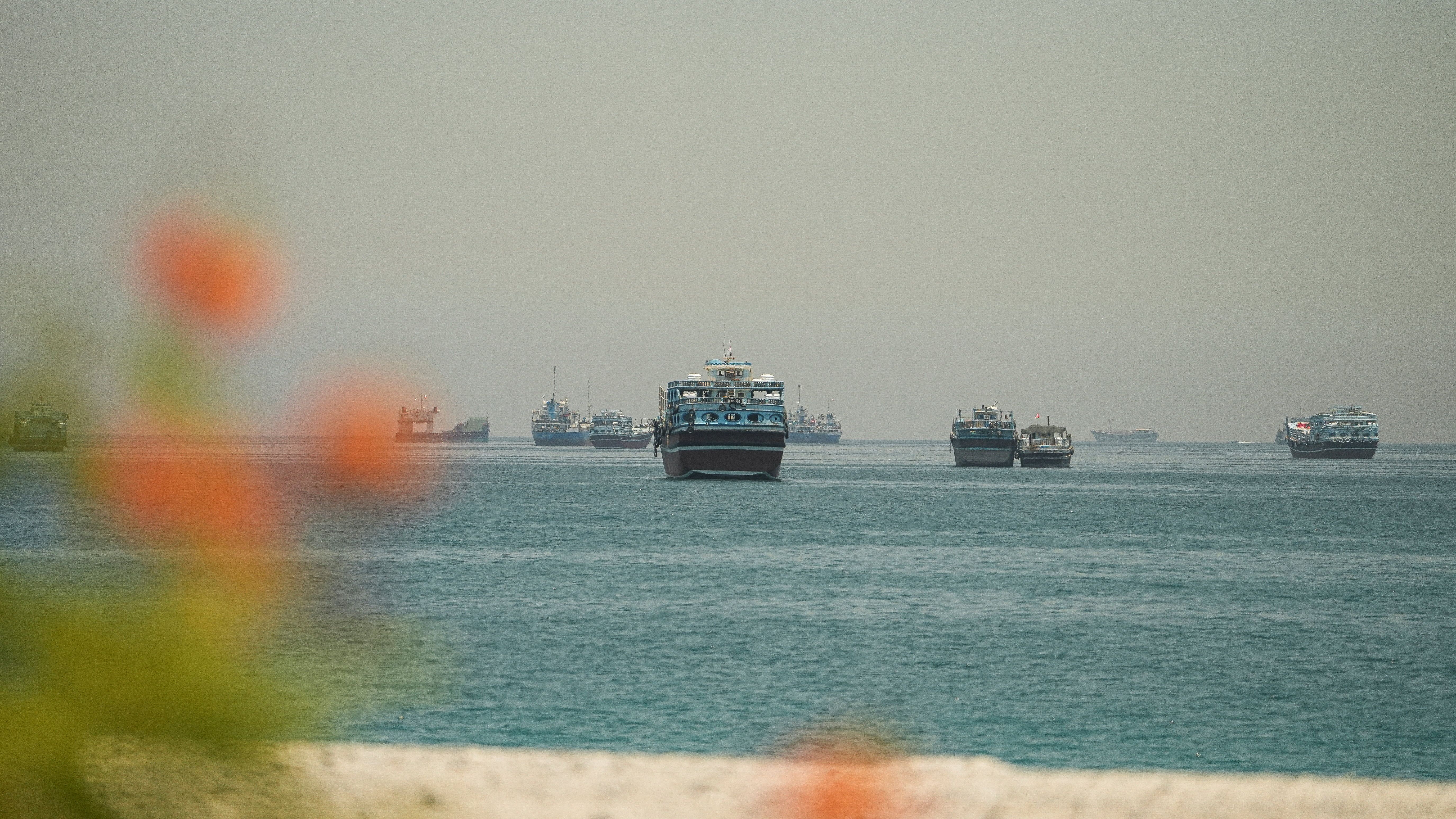 Vessels anchored at the Strait of Hormuz.