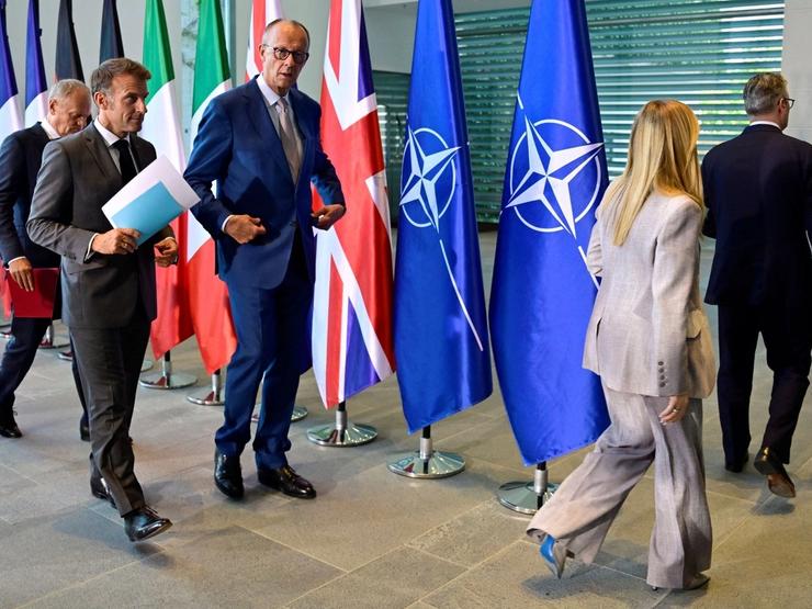oland’s Prime Minister Donald Tusk, France’s President Emmanuel Macron, German Chancellor Friedrich Merz, Italy’s Prime Minister Giorgia Meloni and Britain’s Prime Minister Keir Starmer leave after addressing the press at the end of their meeting of state leaders of the European Group of Five (E5)at the Chancellery in Berlin, Germany,