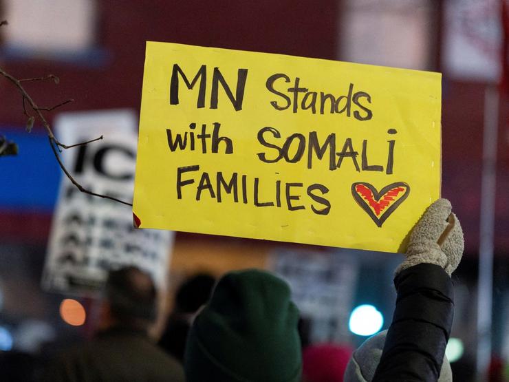 Demonstrators protest against ICE amid a reported immigration operation targeting the Somali community in Minneapolis. Dec. 8, 2025.