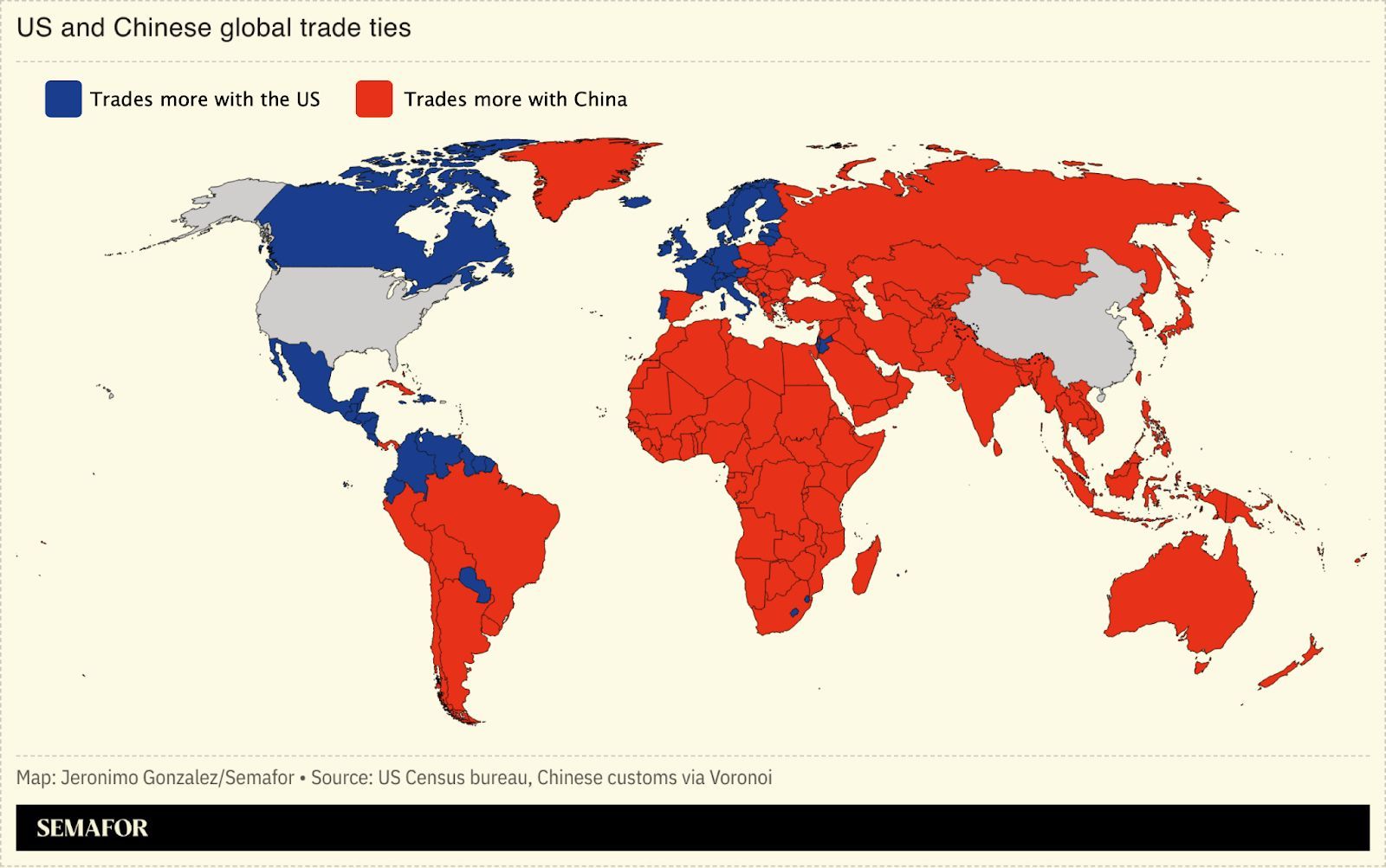 A map showing countries’ trade with the US and China. 